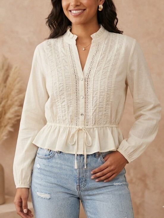 Marc New York Tops - Marc New York Cream Pintuck Ruffled Peplum Blouse L New 100 % Cotton